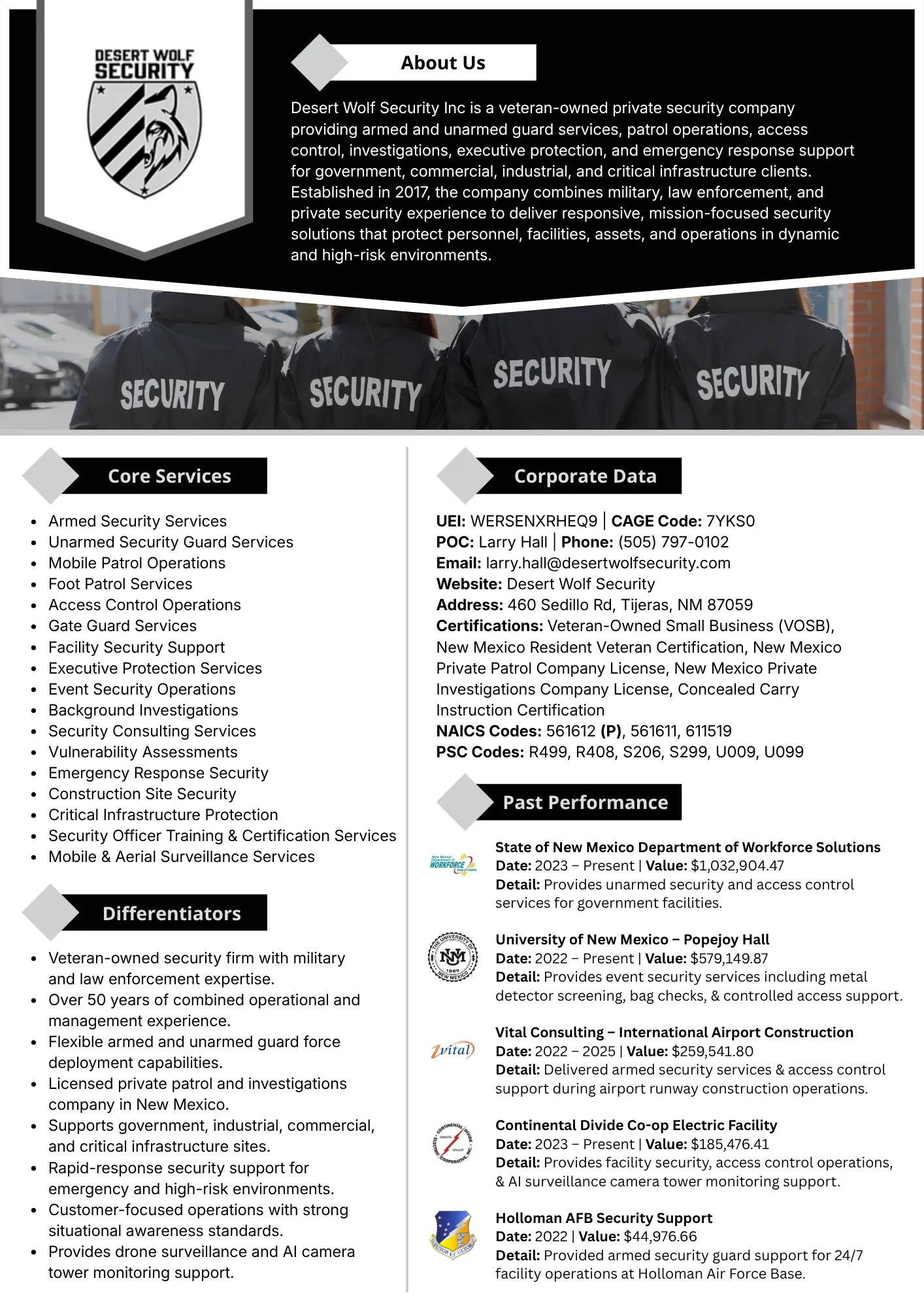 Desert Wolf Security Inc capability statement — core services, corporate data, differentiators and past performance
